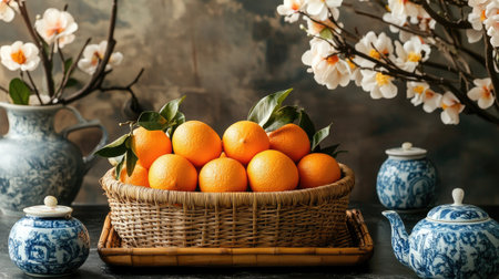 Oranges in a rattan basket placed on a traditional Chinese tray, surrounded by tea sets and fresh flowersの素材