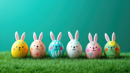 A group of brightly painted Easter eggs with cute bunny faces and vibrant designs placed on a grassy green backgroundの素材