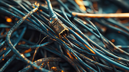 A pile of damaged electrical wires with various levels of burning and exposed copperの素材