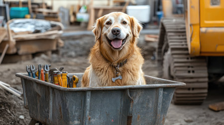 A large dog sitting humorously in an oversized metal cart at a construction site with tools aroundの素材