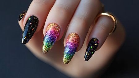 A set of nails with rainbow glitter accents on a matte black base, styled with minimalistic gold ringsの素材