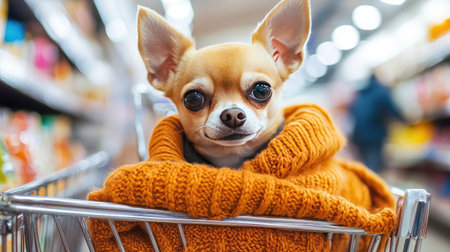 A tiny Chihuahua snugly sitting in a shopping cart, wearing a cozy sweater inside a brightly lit supermarketの素材