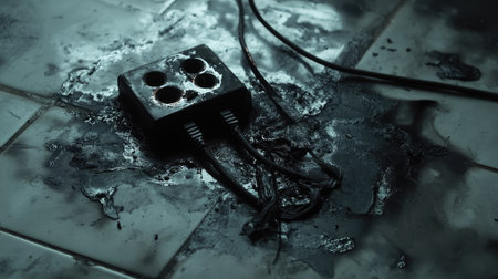A melted plug and socket combination with soot-covered wires and burn marks on a tiled floorの素材