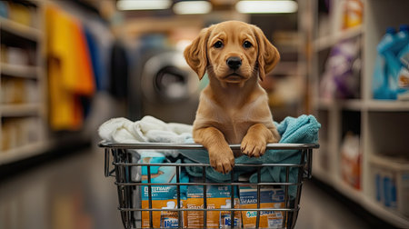 A puppy sitting in a laundry cart at a laundromat, surrounded by folded clothes and detergent boxesの素材