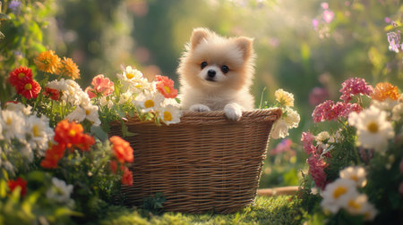 A small fluffy dog sitting in a wicker cart, surrounded by fresh flowers in a sunny outdoor gardenの素材