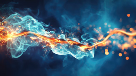 A vivid depiction of sparks flying from an overloaded electrical wire, with smoke curling upwardの素材