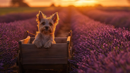 A small dog sitting in a rustic wooden cart surrounded by lavender fields during golden hourの素材