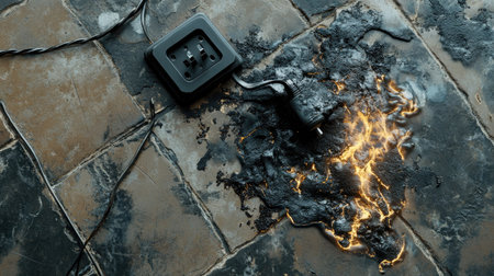 A melted plug and socket combination with soot-covered wires and burn marks on a tiled floorの素材