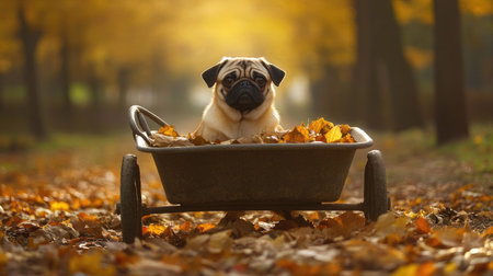 A Pug sitting in a wheelbarrow cart surrounded by autumn leaves in a parkの素材