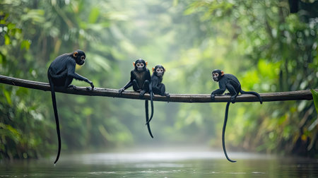 A spider monkey family crossing a river via overhead branches in a serene Colombian rainforestの素材