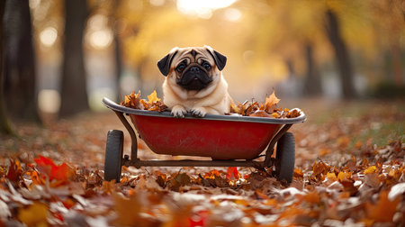 A Pug sitting in a wheelbarrow cart surrounded by autumn leaves in a parkの素材
