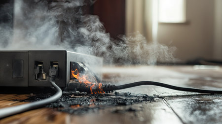 A side view of a burnt electrical cable near a surge protector, with smoke stains on the floorの素材