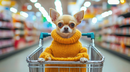 A tiny Chihuahua snugly sitting in a shopping cart, wearing a cozy sweater inside a brightly lit supermarketの素材
