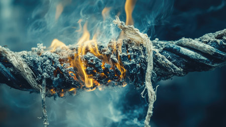 A zoomed-in shot of a frayed electrical cord with signs of burning and melted insulationの素材