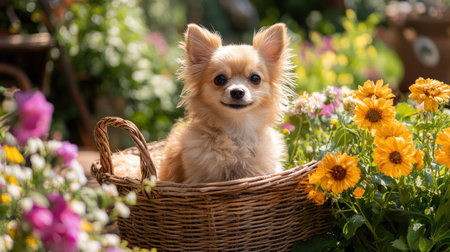 A small fluffy dog sitting in a wicker cart, surrounded by fresh flowers in a sunny outdoor gardenの素材