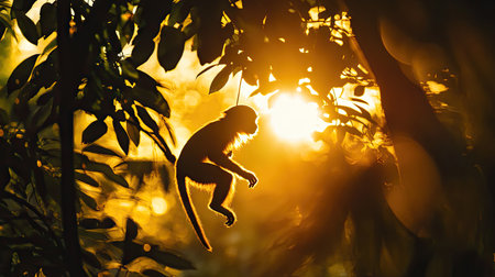 The silhouette of a spider monkey swinging through dense trees against a golden sunrise in the jungleの素材