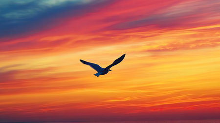 A stunning view of a bird soaring against a colorful sunset sky with hues of orange, pink, and blue. This image conveys peace and natural beauty.の素材