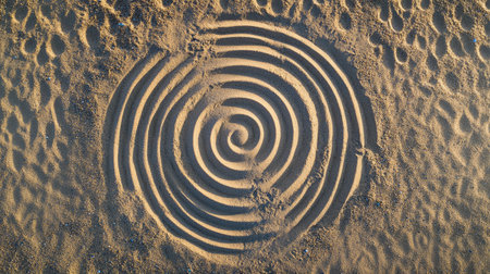 This unique spiral pattern in fine sand captures the essence of nature's beauty and artistic expression, inviting viewers to appreciate intricate designs in outdoor settings.の素材
