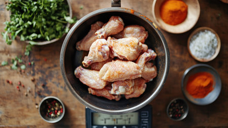 Fresh chicken wings being weighed on a kitchen scale, with bowls of spices and herbs nearby.の素材