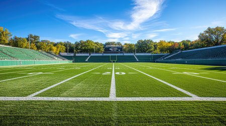 A professional stadium football field seen from the stands, with vivid green turf and empty seatingの素材