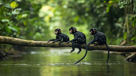 A spider monkey family crossing a river via overhead branches in a serene Colombian rainforestの素材