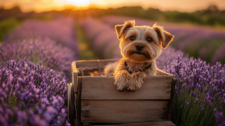 A small dog sitting in a rustic wooden cart surrounded by lavender fields during golden hourの素材