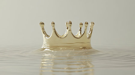 A crown-shaped water splash isolated against a light gray background, with ripples extending outward.の素材