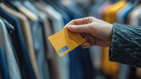 A hand presenting a store discount card while shopping for clothes in a boutiqueの素材