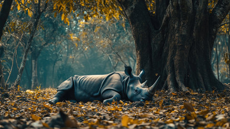 A lone Javan rhino resting under a large tree, surrounded by fallen leaves and forest debris.の素材