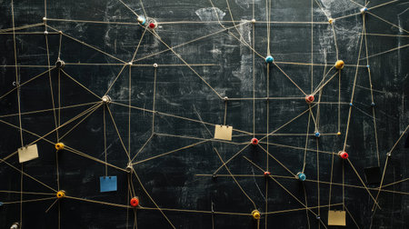 A detective-style black board with blank notes, push pins, and connecting strings forming an intricate web.の素材