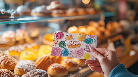 A hand offering a printed gift voucher in front of a colorful bakery counter filled with pastriesの素材