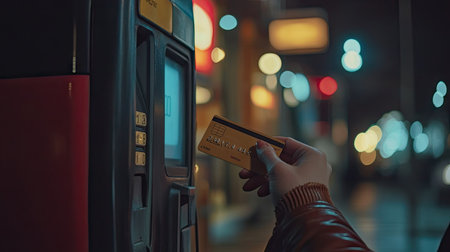 A hand holding a credit card in front of a gas pump, ready for a fuel purchaseの素材