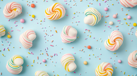 A flat lay of colorful twisted marshmallows on a pastel blue background with sprinkles and confetti.の素材