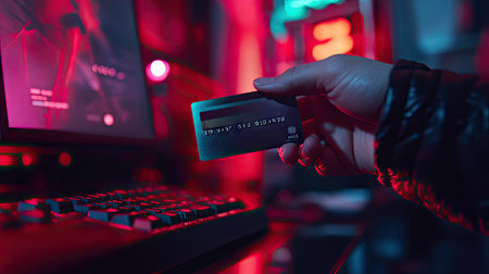 A hand offering a credit card for online gaming subscription payment with a gaming setup in viewの素材