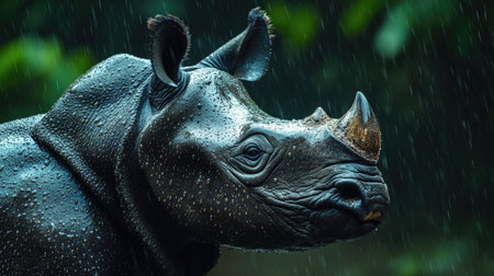 A dramatic photo of a Javan rhino in the rain, with water droplets glistening on its thick skin.の素材