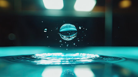A high-speed shot of a water drop mid-air, just before hitting a reflective blue surface.の素材