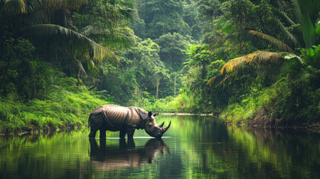 A Javan rhino drinking from a tranquil river, with lush greenery reflected in the water.の素材