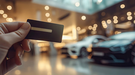 A hand holding a credit card near a luxury car dealership desk with sleek cars visible in the backgroundの素材