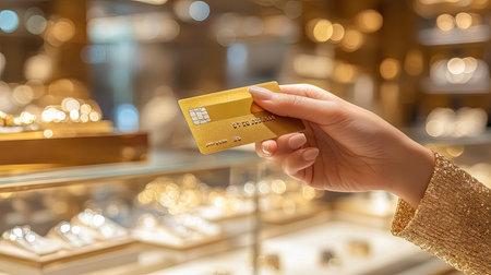 A hand holding a gold-colored credit card in a high-end jewelry store with elegant displays in the backgroundの素材