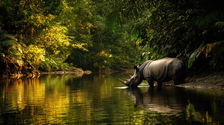 A Javan rhino drinking from a tranquil river, with lush greenery reflected in the water.の素材