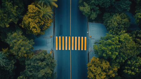 A freshly painted zebra crossing on a smooth asphalt road, captured from above.の素材