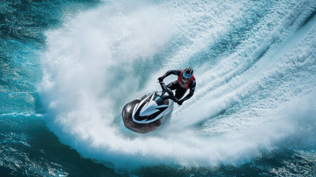 A jet ski rider performing a sharp turn, leaving a spiral of frothy white water in their wake.の素材