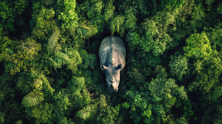 A Javan rhino captured from a drone's perspective, highlighting its environment in the dense rainforest.の素材