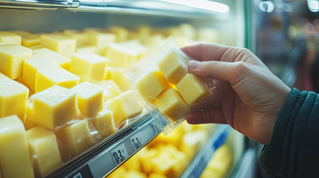A hand picking up a pack of cheese cubes in plastic wrapping from a refrigerator shelf in a grocery storeの素材