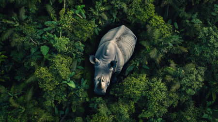 A Javan rhino captured from a drone's perspective, highlighting its environment in the dense rainforest.の素材