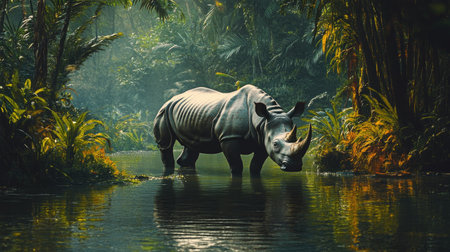 A Javan rhino standing near a watering hole in a lush rainforest, with soft natural lighting.の素材