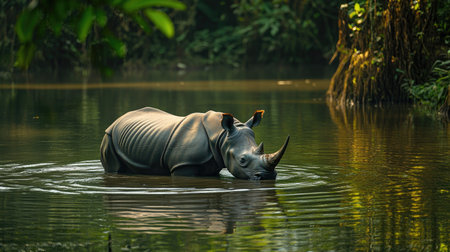 A Javan rhino wading through shallow water in a rainforest stream, creating gentle ripples.の素材