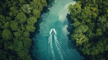 A jet ski creating dynamic ripples in a lagoon surrounded by lush mangroves.の素材