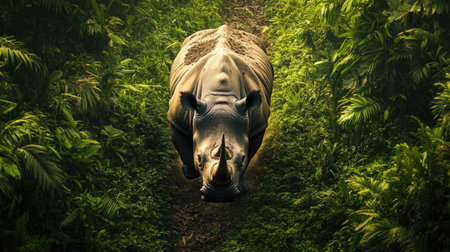 A Javan rhino captured mid-step on a jungle trail, with a vibrant canopy of green overhead.の素材