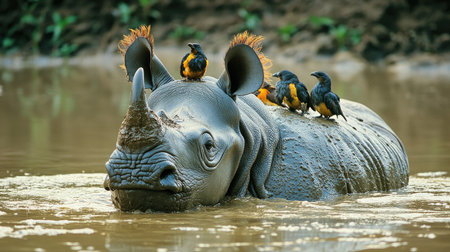 A Javan rhino submerged in a muddy wallow, with birds perched on its back.の素材